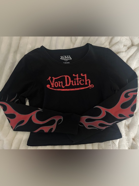 Von Dutch Tops - Von Dutch Black Crop Top with Red Logo and Flame Sleeves